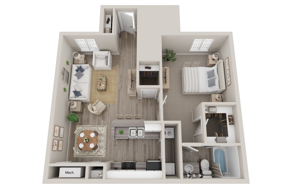 3D floor plan of a 789 square foot one bedroom.