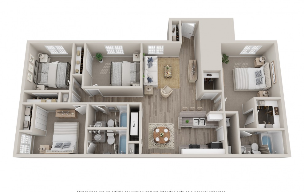 3D floor plan of a 1405 square foot four bedroom three bathroom.