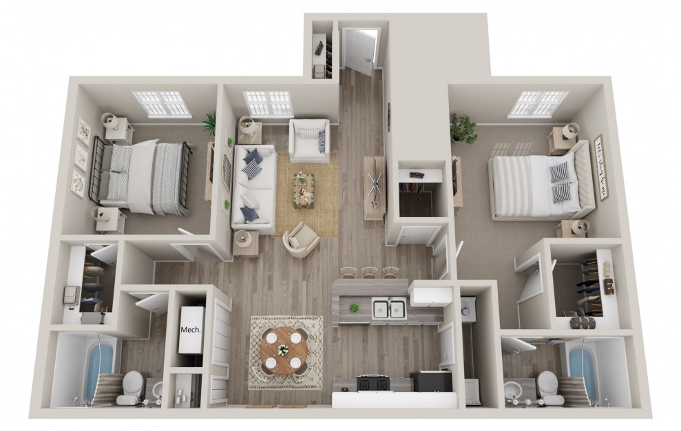 3D floor plan of a 1050 square foot 2 bed 2 bath.