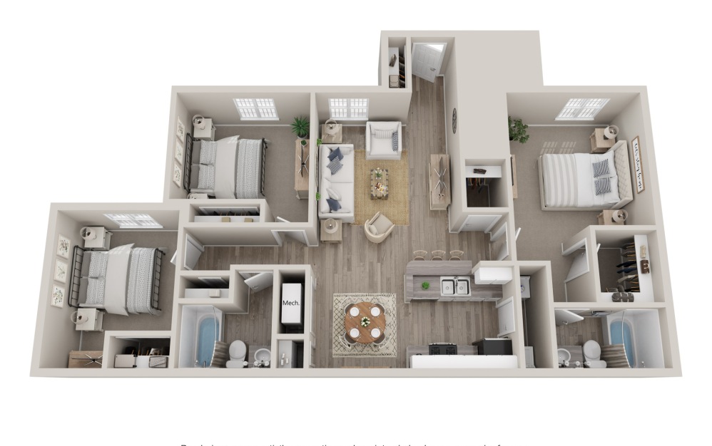 3D floor plan of a 1182 square foot 3 bedroom 2 bathroom.